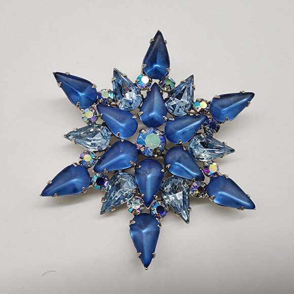 Blue Glass Cabochon Faceted Rhinestone Brooch Star Shape Open Back Silver VTG - Picture 9 of 9